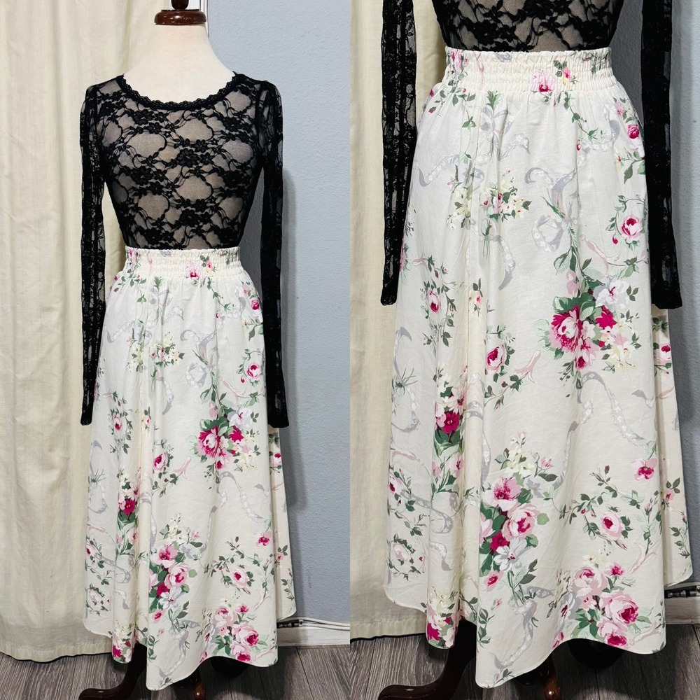 Vintage Floral Ribbon Midi Skirt Women Sz M Elastic Waist Cottagecore USA Made
